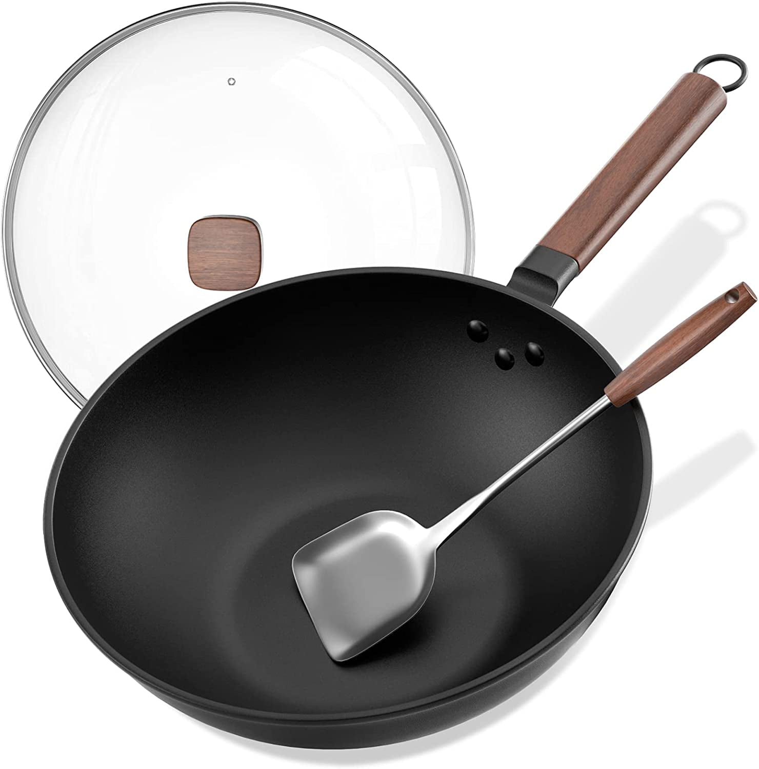 13-Inch Black Carbon Steel Wok with Lid and Spatula