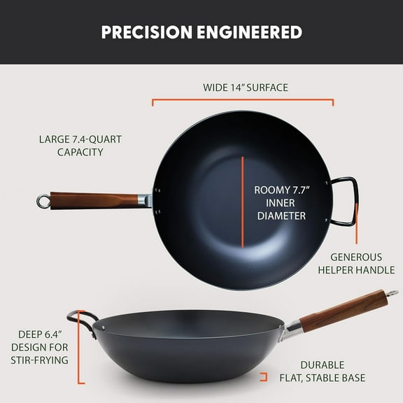 Carbon Steel Wok 14", Flat Bottom, Stir-Fry Pan, Pre-Seasoned Nonstick Patina, High Heat Retention, Induction, Ash Wood Handle