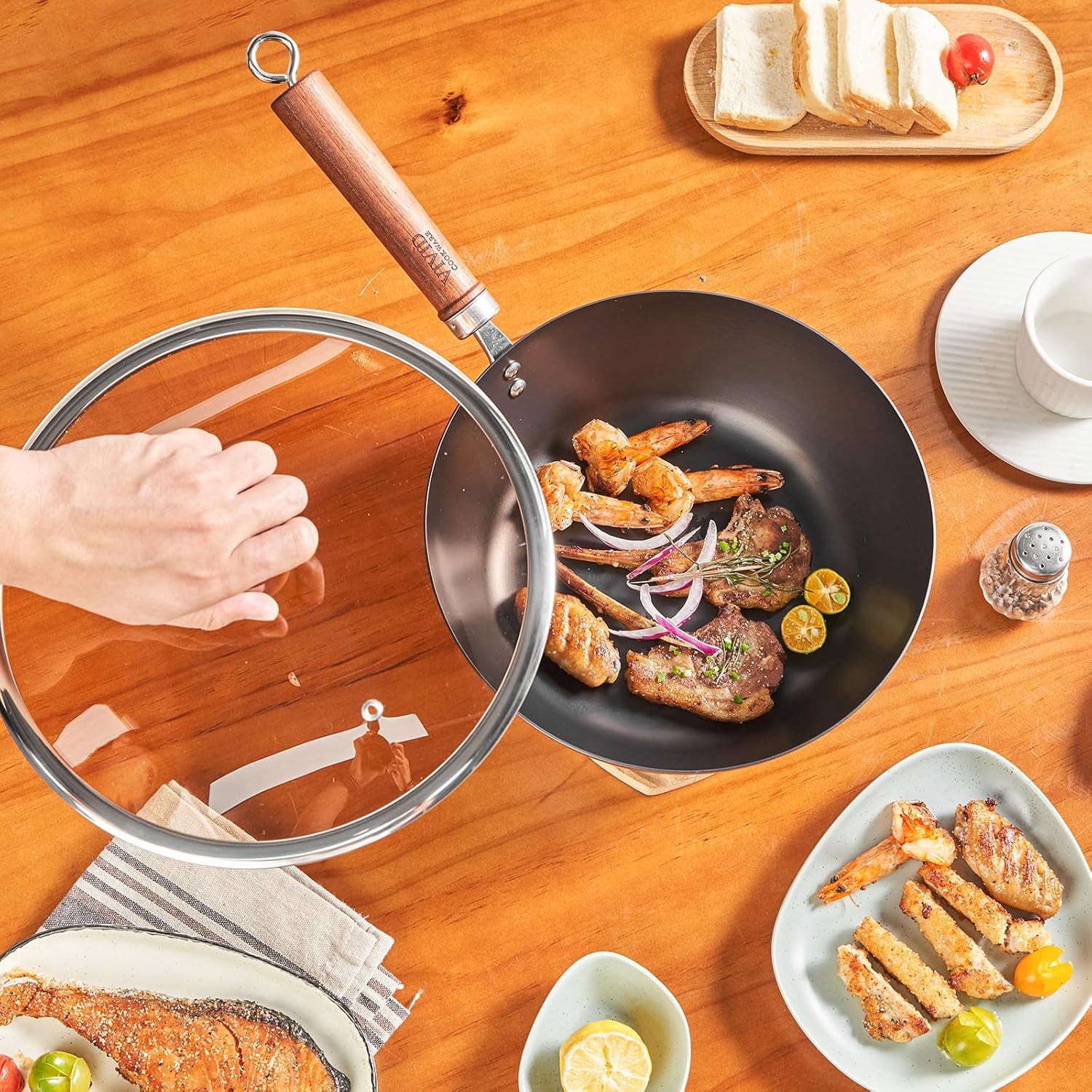 Carbon Steel Wok Flat Bottom 10.2 Inch with Glass Lid, Spun Iron Stir Fry Pan Coating- Naturally Seasoned for Gas Electric Stovetops