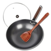 Carbon Steel Wok Frying Pan with Lid and Wooden Spatula, Clatine 12.5 inch Nonstick Flat Woks and Stir Fry Pan , No Chemical Coated Nitrided Chinese Wok Pan with Glass Lid for All Induction