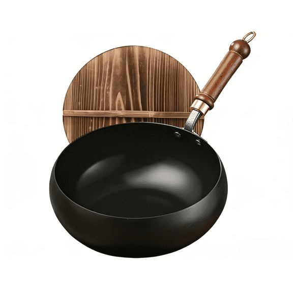 Carbon Steel Wok Pan 11 Inch, Flat Bottom Nonstick Wok with Wooden Lid & Detachable Handle, Chinese Stir Fry Pan for Induction Gas All Stoves
