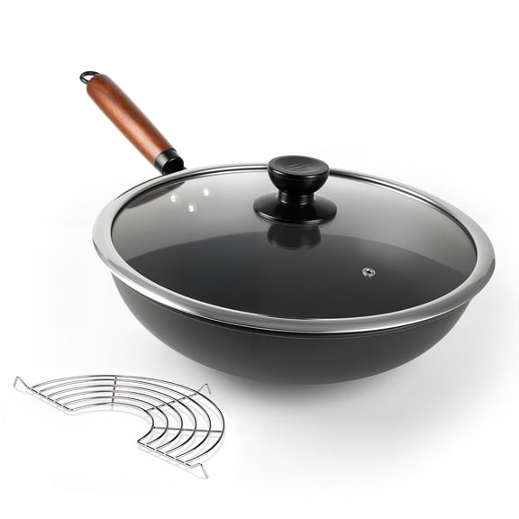Abangdun 13 inches Carbon Steel Wok Pan Round Bottom Wok with lid, Woks & Stir-Fry Pans Nonstick for Induction, Electric, Gas Stove Cooker Skillet
