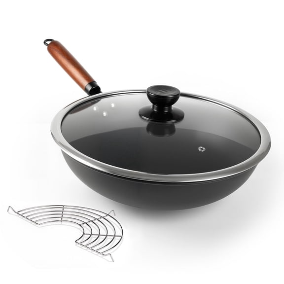 Abangdun 13 inches Carbon Steel Wok Pan Round Bottom Wok with lid, Woks & Stir-Fry Pans Nonstick for Induction, Electric, Gas Stove Cooker Skillet