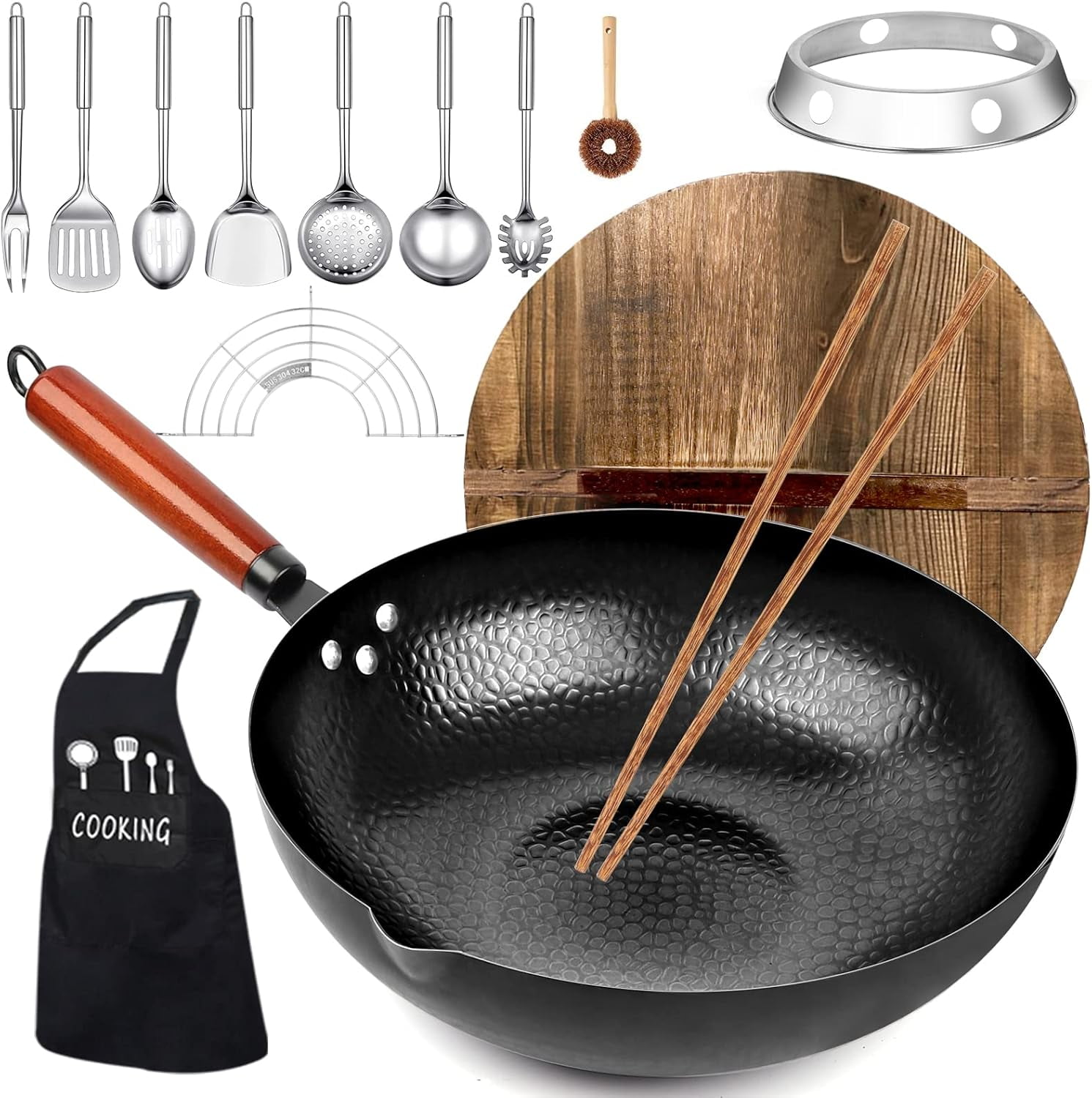 Carbon Steel Wok Pan, 14 Piece Woks \u0026 Stir-Fry Pans Set with Wooden Lid Cookwares, No Chemical Coated Flat Bottom Chinese Pan for Induction, Electric, Gas, Halogen All Stoves - 12.6''