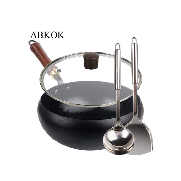 Carbon Steel Wok Pan 3-Piece Set with Glass Lid, Spatula and Spoon, 10.6 Inch Nonstick Flat Bottom Stir Fry Pan for All Stovetops, No Coating