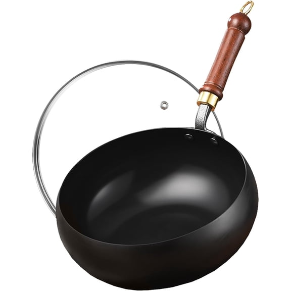Carbon Steel Wok Pan, 8.7 INCH Nonstick Pre-Seasoned Woks & Stir-Fry Pans with Lid, No Chemical Coating Wok Flat Bottom Small Handmade Chinese Wok for Induction, Gas, Electric & All Stoves