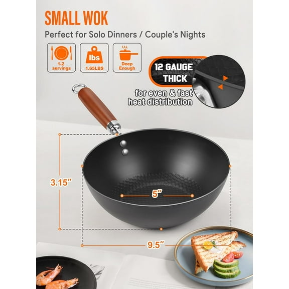 Carbon Steel Wok Pan 9.5" with Glass Lid, Lightweight Flat Bottom Stir-Fry Pan for 1-2 Servings