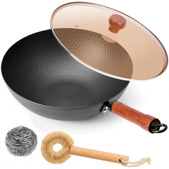Carbon Steel Wok Pan with Lid, 12.6 Inch Flat Bottom Wok for Induction, Gas & Electric Stoves, Chinese Stir Fry Pan with Detachable Wooden Handle
