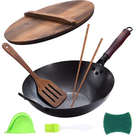 Carbon Steel Wok Pan with Lid, Chinese Flat Bottom Woks and Stir Fry Pans, 12.5" Hand Hammered Traditional Wok for Electric, Induction & Gas Stoves