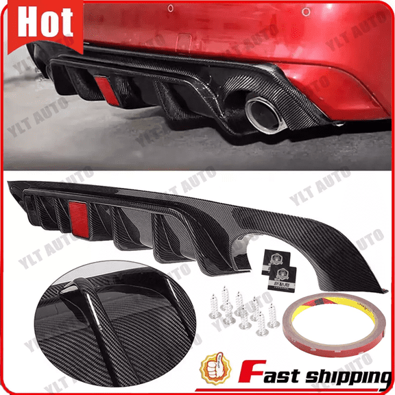 Carbon Style Rear Bumper Diffuser Lip For 2018-2023 Infiniti Q50 W/ LED Light