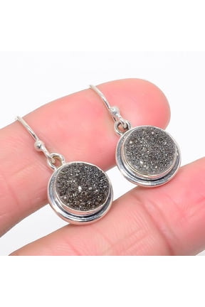 Carbon Titanium Drusy Vintage 925 Sterling Silver Earring 1.2" T24, Drusy Quartz Earring, Christmas Gift, New Year Sale, Gemstone Silver Jewelry