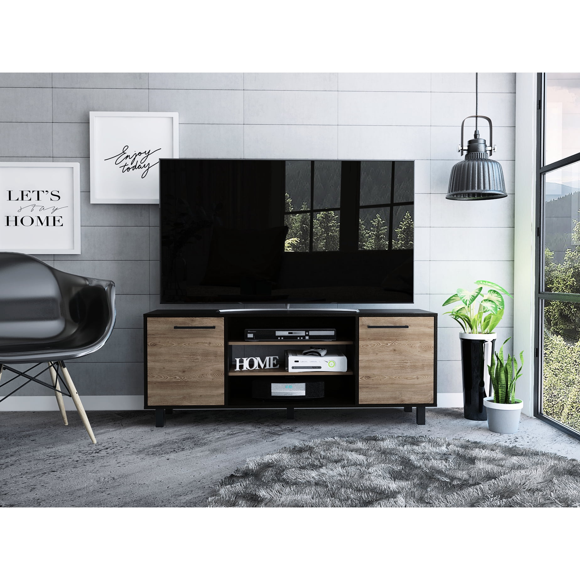 Carbon Tv Cabinet With Ample Storage - 3 Shelves, 2 Doors, Holds 65