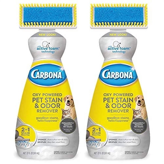 Carbona 2-in-1 Oxy-Powered Pet Stain & Odor Remover with Active Foam Technology | Sponge & Bristle Brush Head | Stain Fighting Spot Removal Formula | 22 Fl Oz, 2 Pack