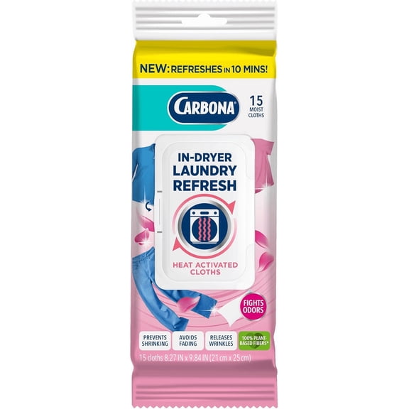 Carbona Laundry Refresh Dryer Sheets 15ct  Odor Eliminator, Wrinkle Releaser, Fabric Softener  Heat-Activated, Static Reducer, Prevents Shrinking & Fading  Quick Clothes Refresh