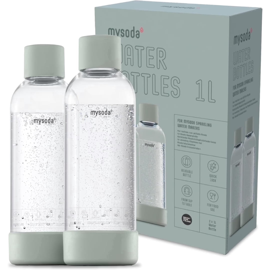 Mysoda BPA Free Sparkling Water Bottles 1L 2 Pack Sage Green Reusable Quick Lock Bottle Set