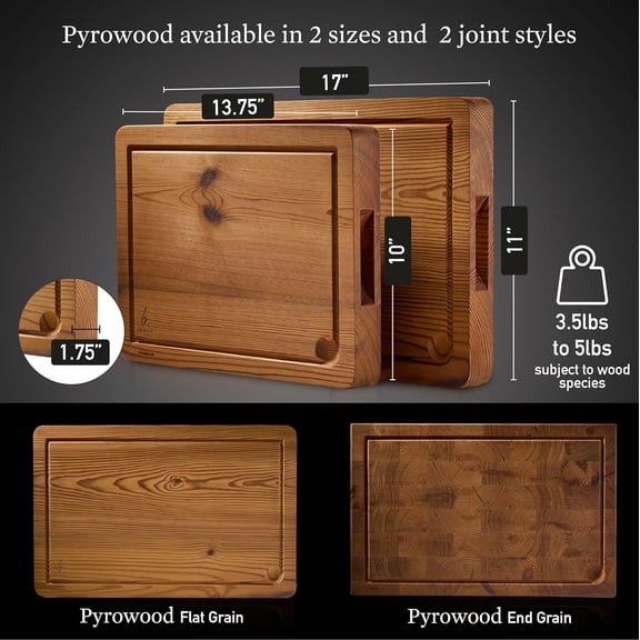 Carbonised Pyrowood Cutting Board for Kitchen – 10" x 13.75" Butcher Block with Groove & Handles, Dishwasher Safe Charcuterie Serving Tray