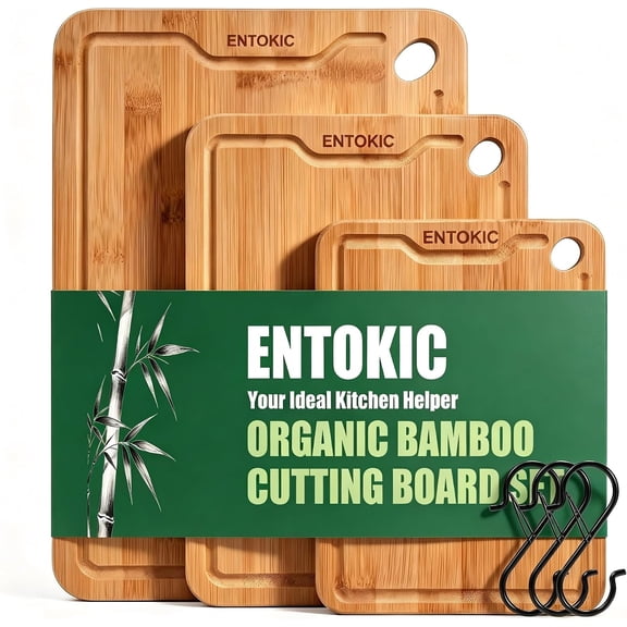 Carbonized Bamboo Cutting Board Set of 3 for Kitchen, Wood Chopping Boards | Set of 3 carbonized bamboo boards in Large, Medium and Small, each cut with a juice groove and side handles