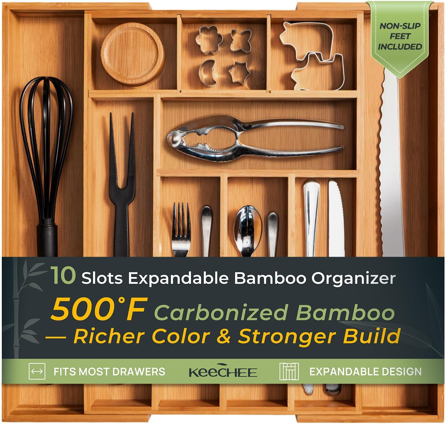 Carbonized Bamboo Kitchen Drawer Organizer, 10 Slots Expandable , Utensil Holder & Cutlery Tray, 2.2" Deep for Extra Capacity, Non-Slip Feet Included