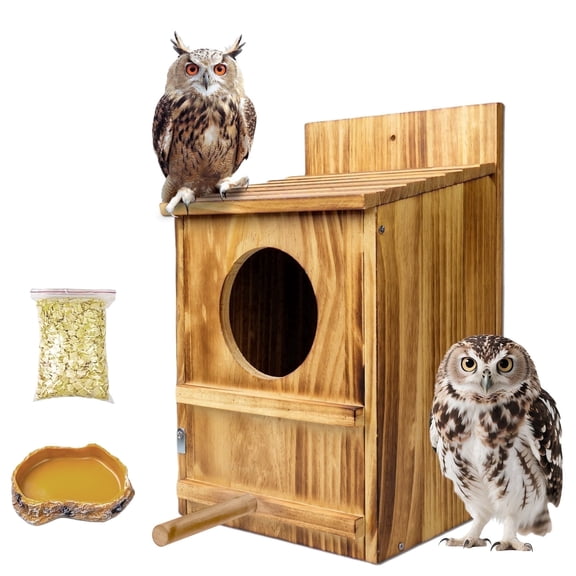Handmade Owl Houses Nesting Boxes, Screech Owl Nesting Box with Perch Rod, Wooden Bird House Kit for Outdoors, Carbonized Shelter for Screech & Barn Owls with Water Bowl, Nesting Shavings Included, 1