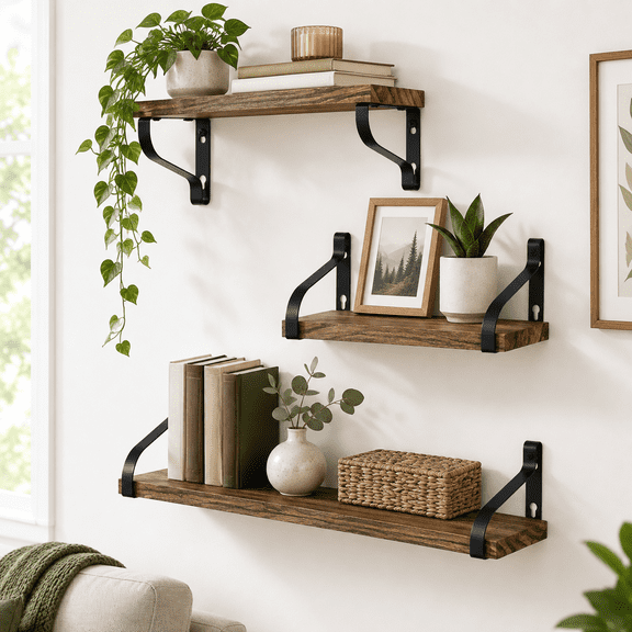 Carbonized Black Medium Solid Paulownia Wood Floating Wall Shelves Set of 3