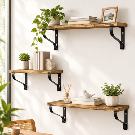 Carbonized Black Medium Solid Wood Floating Wall Shelves Set of 3