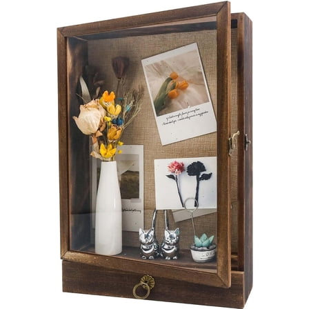 Carbonized Black Wooden Shadow Box Frame with Drawer and Soft Line Back