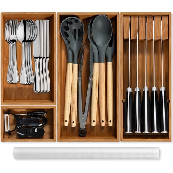 Carbonized Kitchen Silverwar Drawer Organizer,14.2 inch Length Utensil Flatware Organizers Tray Storage for Spoons Forks &