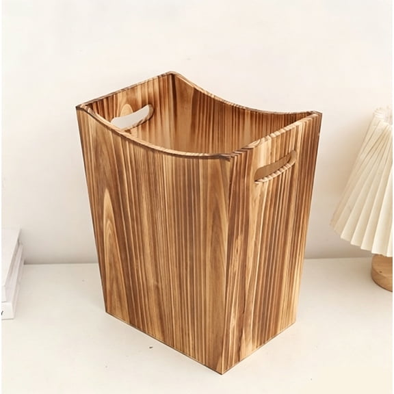 Carbonized Solid Wood Storage Basket with Handles, Trapezoidal Open Top, Portable, for Home Clutter, Laundry & Books
