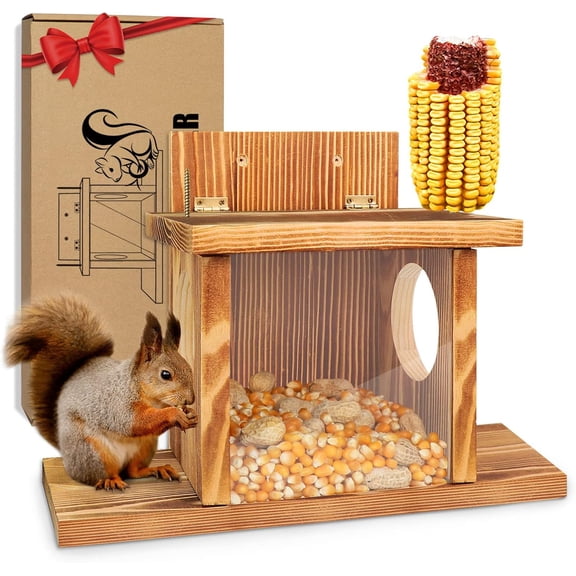 Carbonized Wood Squirrel Feeder, Squirrel Feeders for Outside Winter, Durable Squrrill House Box Easy to Fill with Removable Front Panel, Wooden Chipmunk Feeder for Corn, Peanuts