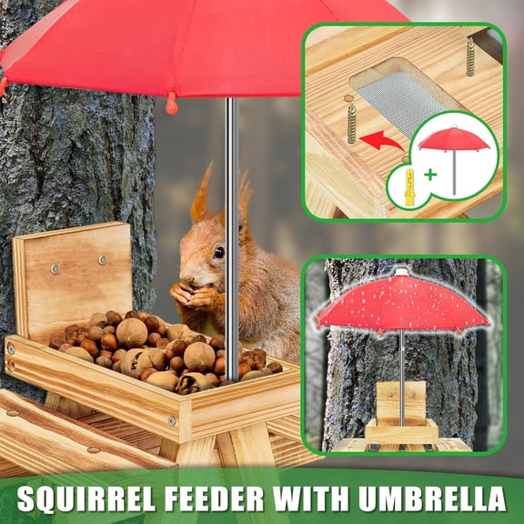 Carbonized Wood Squirrel Feeder with Umbrella, Squirrel Feeders for Outside Funny squrrill Picnic Table with Solid Structure Waterproof Chipmunk Feeder with Corn Cob Holder$$Garden & Patio