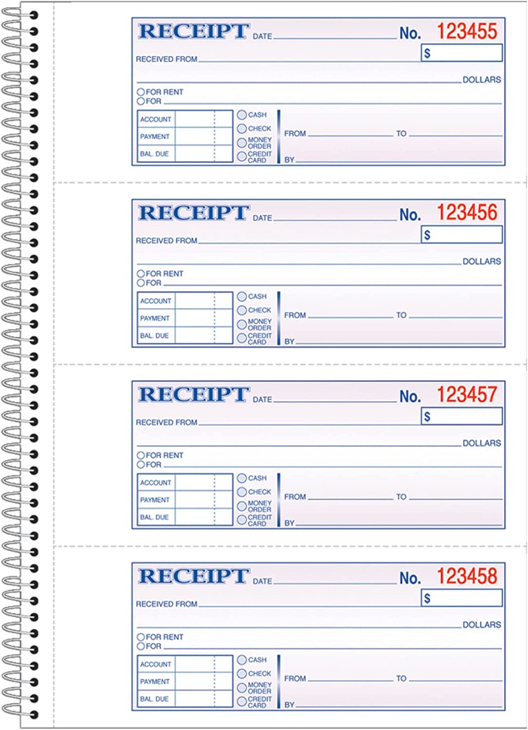 Carbonless 2-Part Spiral Money/Rent Receipt Book, 7 5/8in. x 11in., Book of 200 Sets, SC1182