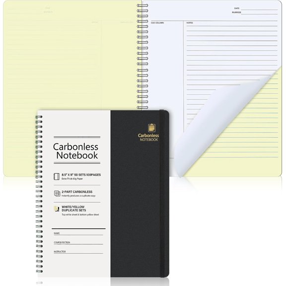 Carbonless Lab Notebook Carbon Copy with Elastic Band 8.6'' x 11'' Spiral Laboratory Engineering Chemistry Computation Notebook 50 Sets of Pages 100 Pages Total Lined Sheets College Ruled(Black)