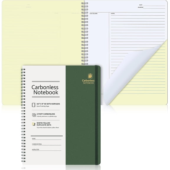 Carbonless Lab Notebook Carbon Copy with Elastic Band 8.6'' x 11'' Spiral Laboratory Engineering Chemistry Computation Notebook 50 Sets of Pages 100 Pages Total Lined Sheets College Ruled(Green)