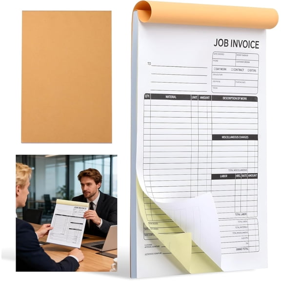 Carbonless Work Order Forms & 7.5 x 11 Inches Invoice Book, 50 Sets for Small Business, 2-Part Business Invoices with Carbon Copies, Sales Order Receipt Book