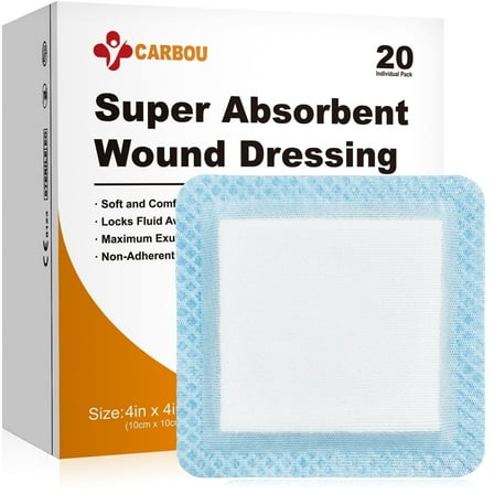 Carbou 4"x 4" Super Absorbent Wound Dressing Pads, 20pcs Non Adhesive Absorbent Bandages for Wound Care
