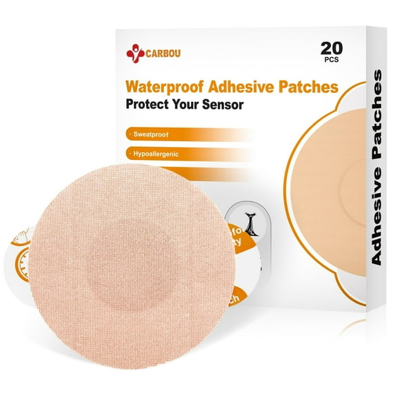 Carbou Freestyle Libre 2/3 Sensor Covers,20PCS Freestyle Adhesive Patches Waterproof CGM Cover for Libre,Enlite,Guardian –No Glue in The Center,Long Fixation for Your Sensor