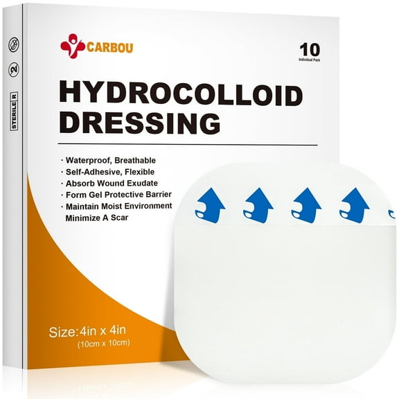 Carbou Hydrocolloid Wound Dressing,10 Pack 4" x 4" Ultra Thin Patch Waterproof Bandages with Self-Adhesive