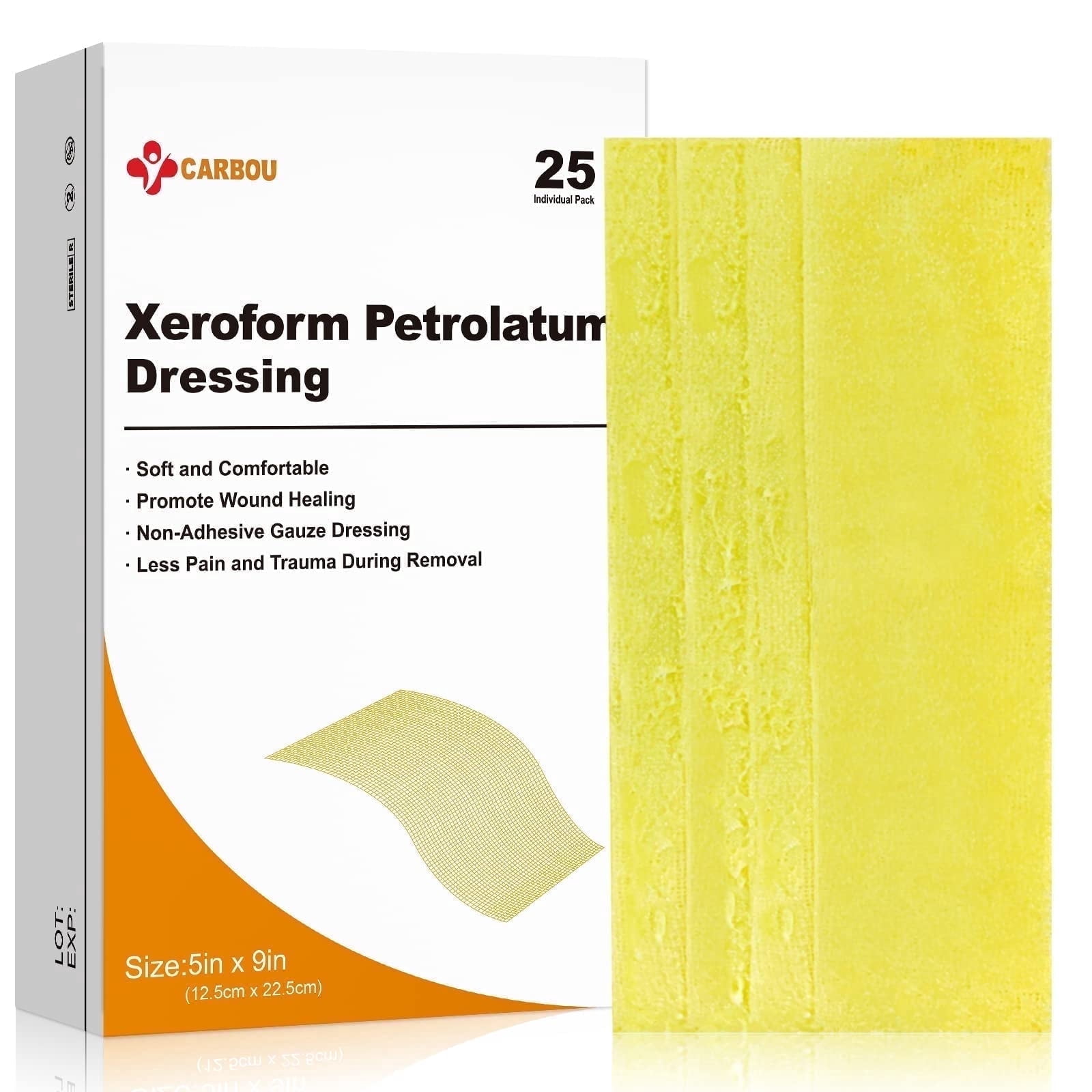 Carbou 5"x9" 25pcs Medical Xeroform Petrolatum Dressing,Non-Adherent Gauze Pads