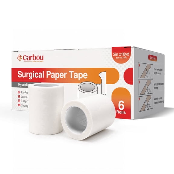 Carbou Paper Medical Tape 6 Rolls - 2" x 10 Yards, Hypoallergenic Latex-Free Breathable, Secures Dressings & Medical Devices, Wound First Aid