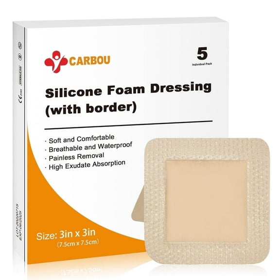 Carbou Silicone Foam Dressing with Adhesive Gentle Border,3"x3" -5 Pack
