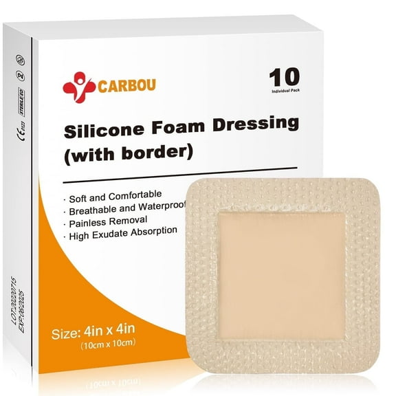 Carbou Silicone Foam Dressing with Adhesive Gentle Border,4"x4" Waterproof Wound Dressing Bandage,High Absorbency Pad, Foam Bandage for Wound Care 10 Pack