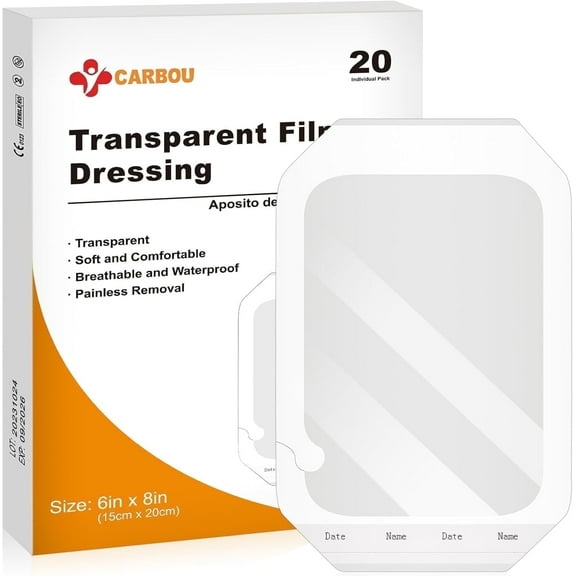 Carbou Transparent Film Dressing,Tattoo Aftercare Bandage-6" x 8" Pack of 20,Waterproof Wound Bandage Adhesive Patches,