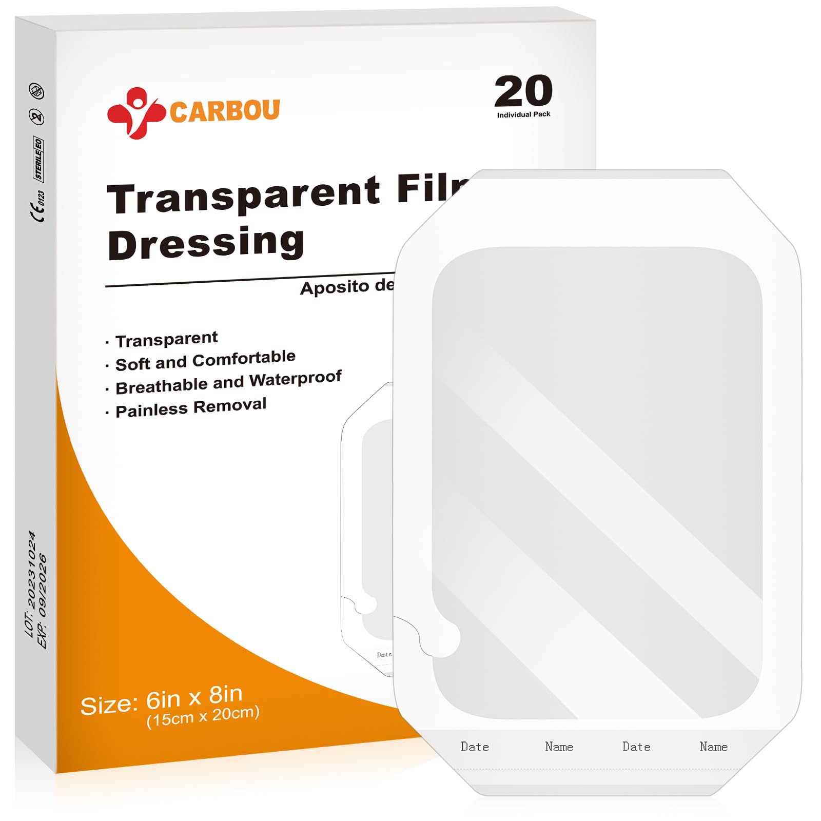 Carbou Transparent Film Dressing,6" x 8" Pack of 20 Waterproof Wound