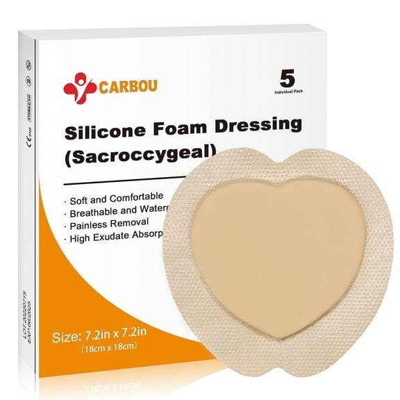 Carbou Wound Dressing Sacrum Silicone Foam Dressing with Adhesive Border, 7.2''x7.2'' Waterproof Sacral Pad for Sacrum,High Absorbent Wound Care Bandages,5 Pack