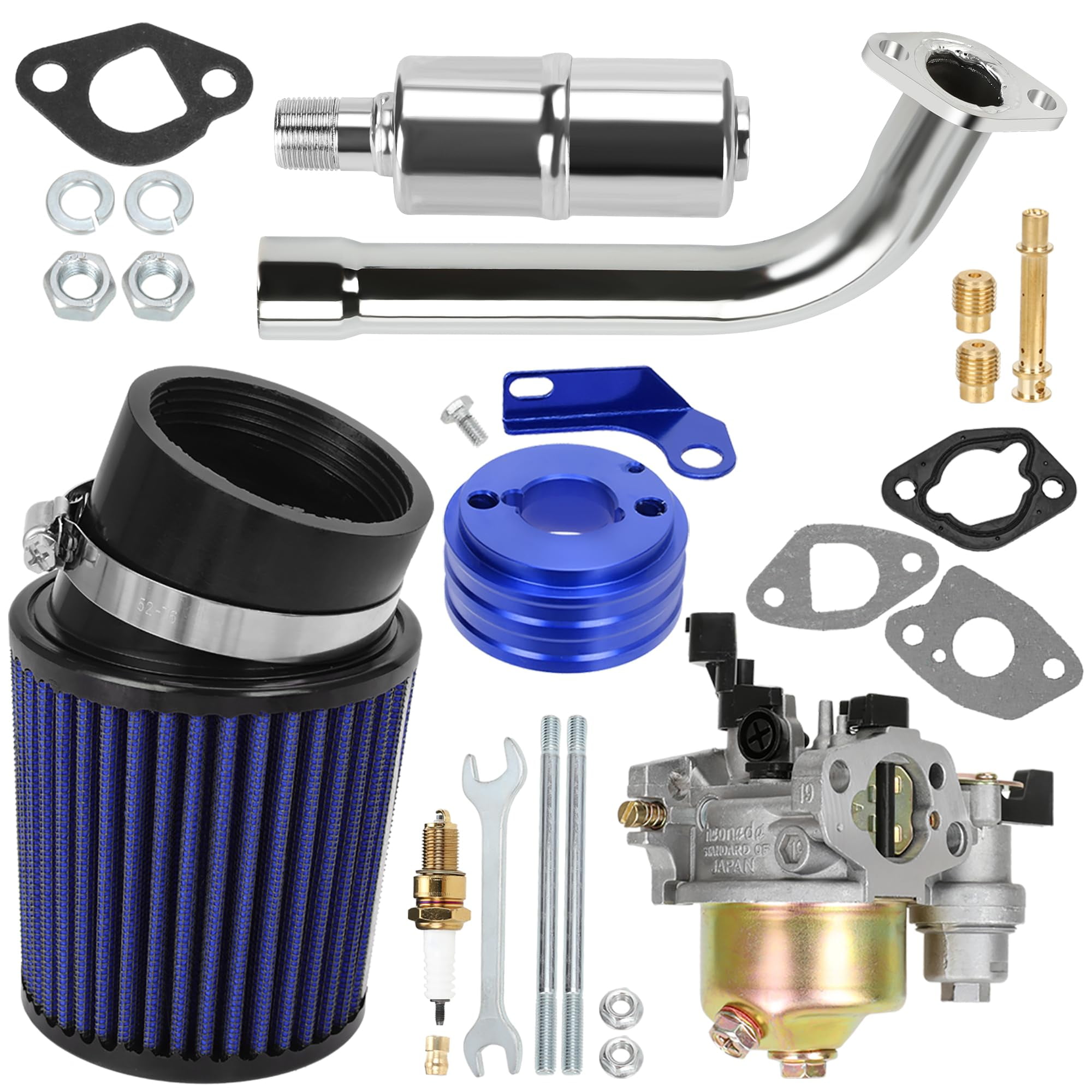 Carburetor Air Filter Adapter Exhaust Pipe Muffler Stage 2 Kit Compatible with Predator 212 196cc 224cc 6.5Hp GX160 GX200 Engine CT200U BT200X Baja MB200 Mini Bike Go Kart Performance Parts Blue