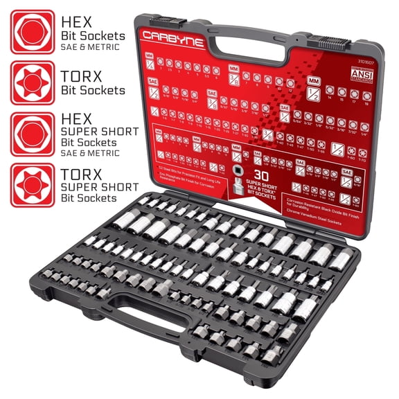 Carbyne 80-Piece Torx, SAE Hex (Allen) & Metric Hex (Allen) Bit Socket Set with 30 Super Short Bit Sockets, Cr-V Sockets, S2 Steel Bits, Durable Case