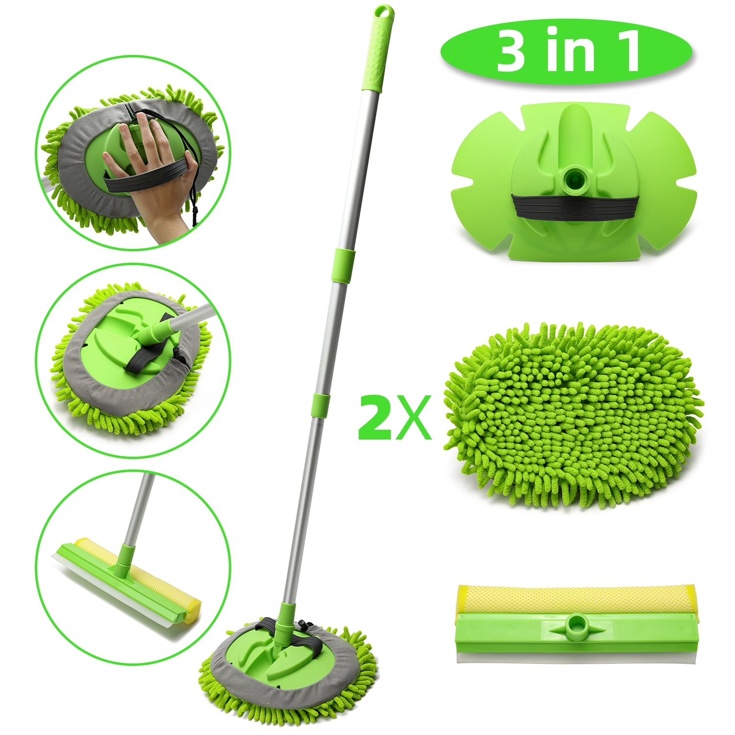 2 in 1 Microfiber Car Wash Mop Mitt with 45 Aluminum Alloy Long  Handle,Chenille Car Cleaning Kit Brush Duster with Scratch Free for Washing