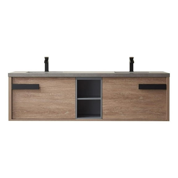 Carcastillo 72" Double Sink Floating Bathroom Vanity Oak Wood Gray Top