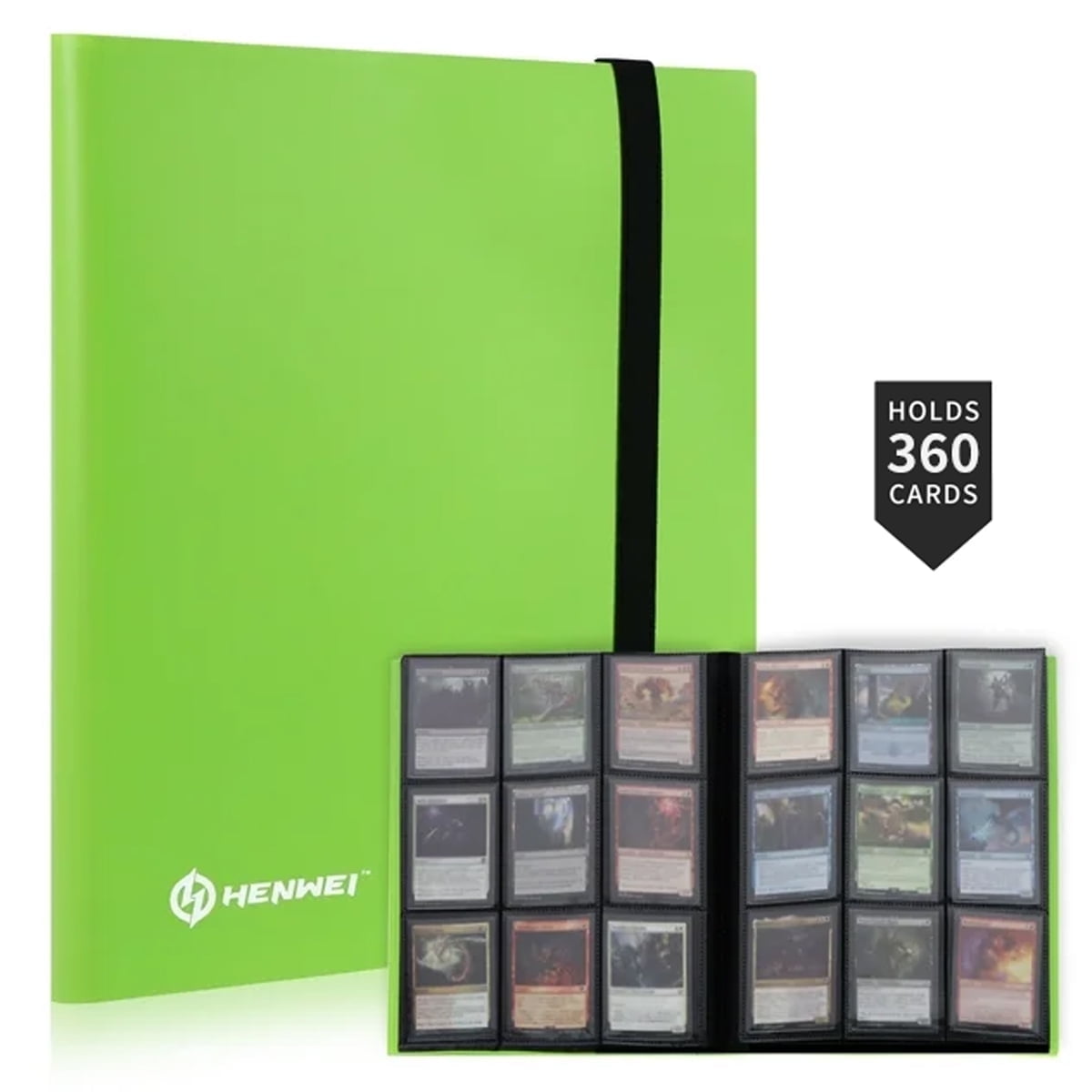 HENWEI 9-Pocket 360 Card Binder, PVC Waterproof Side Loading for MTG, TCG, Sports & Trading Cards, Green