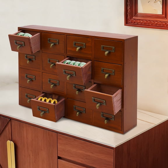 Card Catalog Desk Drawer Organizer,Wooden Vintage Apothecary Cabinet with 16 Drawers,Library Card Catalog Cabinet for Bedroom Home Office